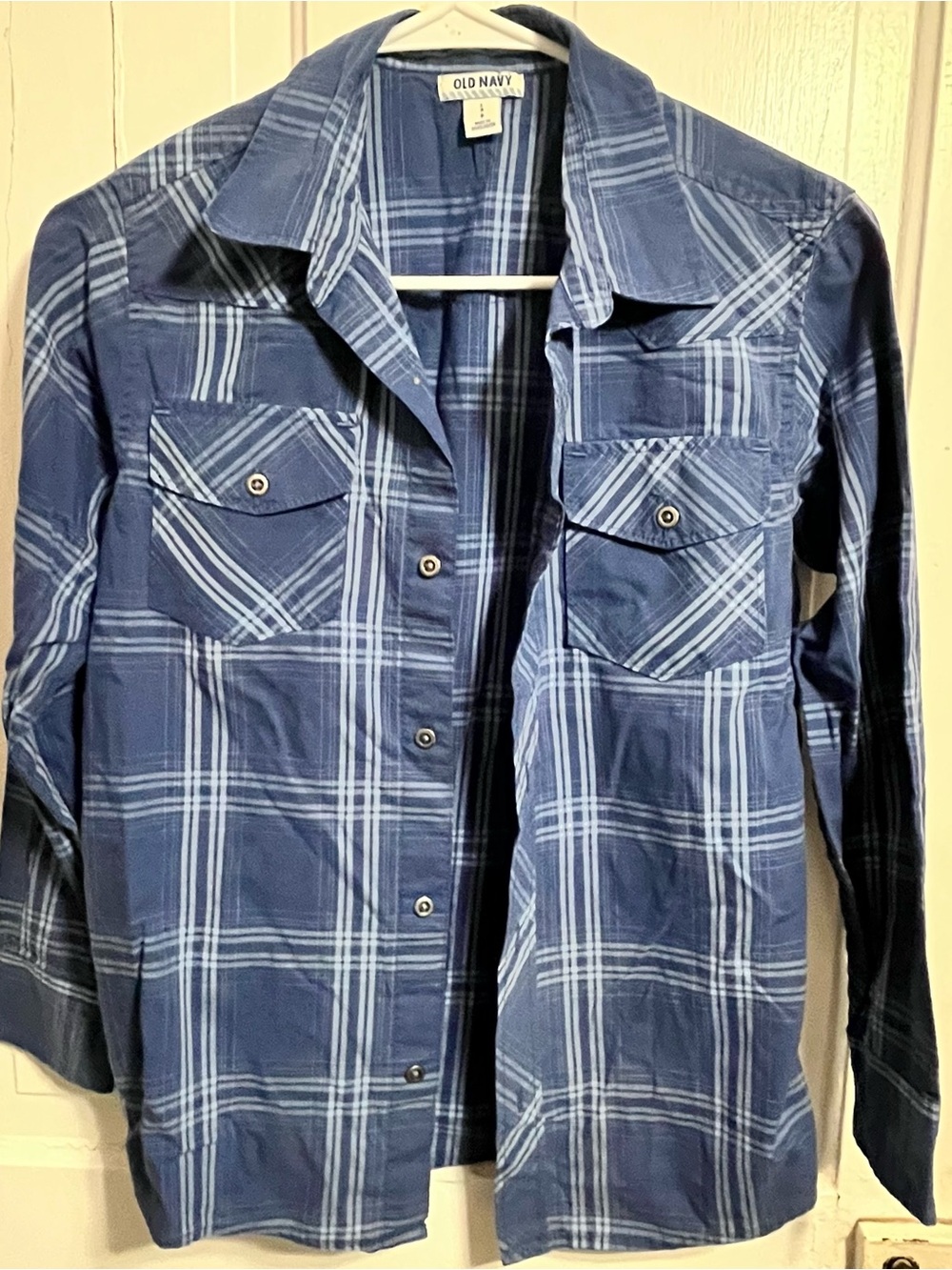 Old Navy Navy and Light Blue Plaid Button-Front Shirt